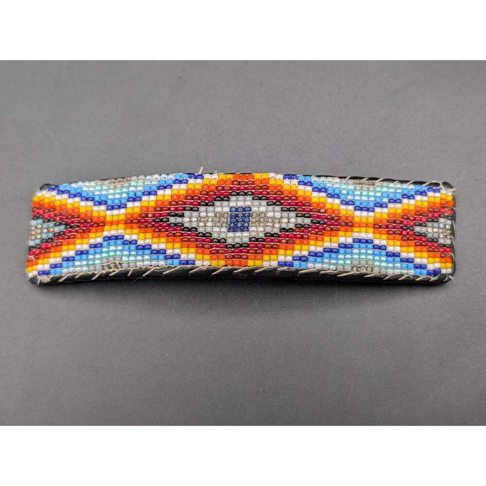 Vintage Native American Beaded Leather Barrette Hair Clip Geometric 3.75
